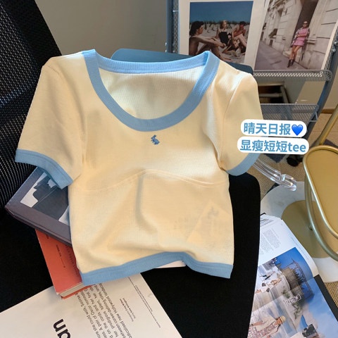 Áo thun SUXI tay ngắn cổ chữ U thêu họa tiết dễ phối đồ phong cách mùa hè thời trang cho nữ