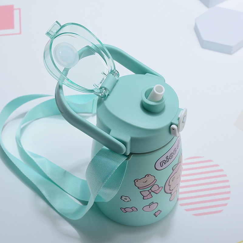 Bình nước nhiệt dung tích 850ml có ống hút và quai đeo tặng kèm sticker trang trí cute dễ thương