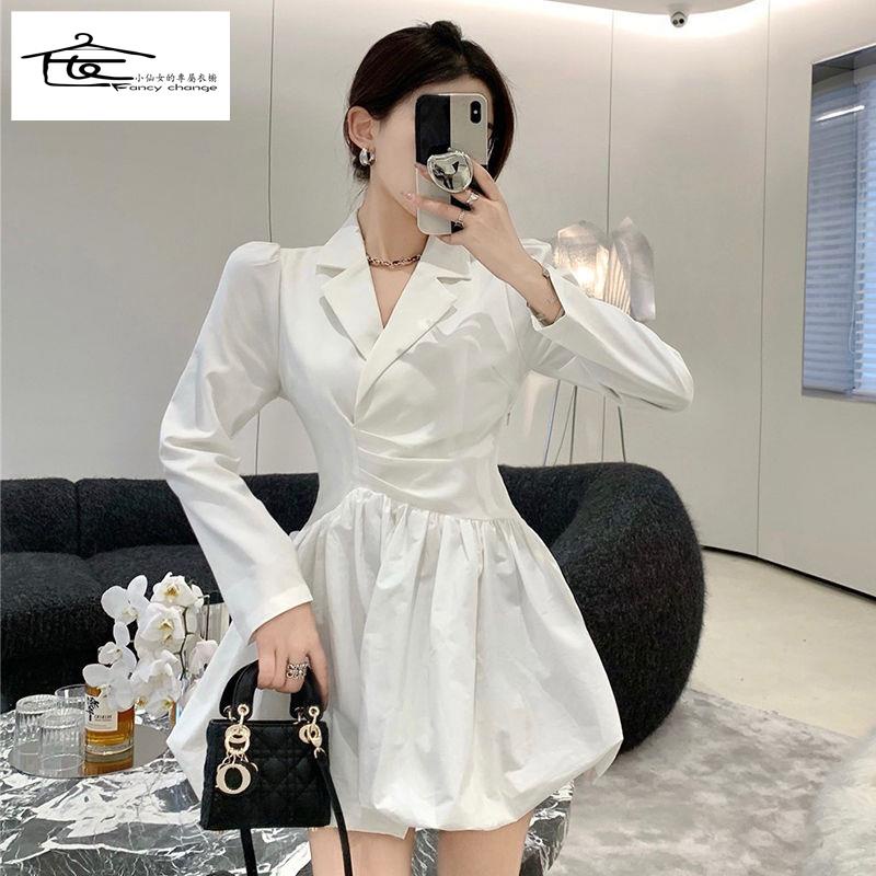 Đầm Ngắn Tay Dài Eo Cao Màu Trắng Phong Cách Thời Trang Mới Dành Cho Nữ 2022