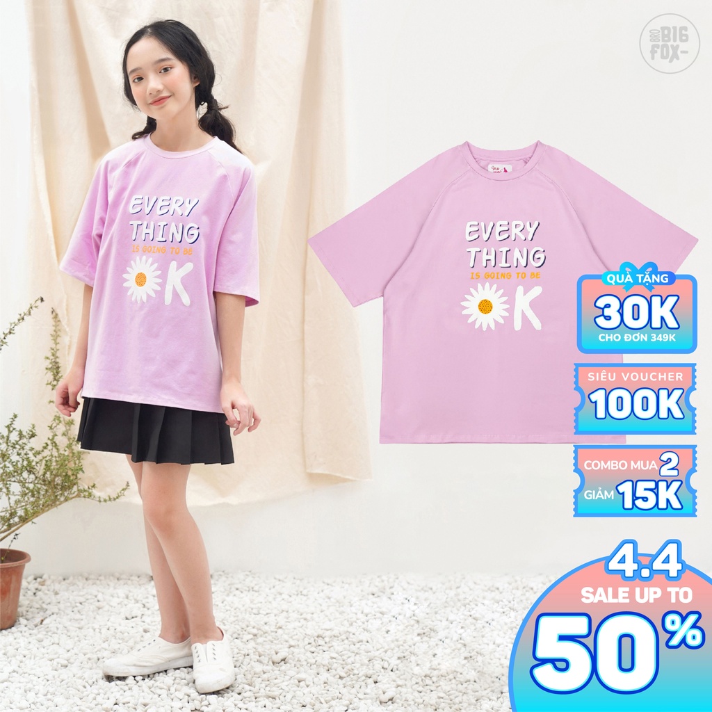 Áo Cho Bé Gái Nữ Tuổi Teen Miss Meow Dáng Rộng Trễ Vai, Chất Liệu Cotton In Hoa Cúc Size Đại 12-15 Tuổi, 45- 60kg