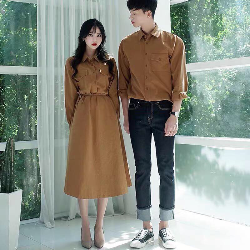 Set đồ đôi - áo váy đôi đi dạo, chụp hình cưới Đà Lạt nâu suông sơ mi cột eo Forever Couple Store (giá gồm áo váy)
