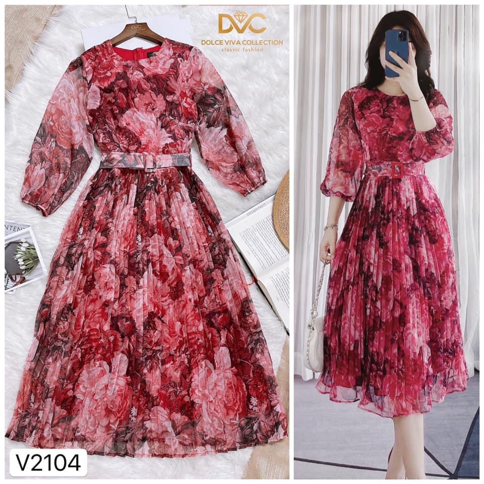 Váy xòe xếp ly, đầm xòe công sở tay dài họa tiết hoa V2104 - DVC phân phối chính thức ( kèm video+ảnh thật sp shop chụp)