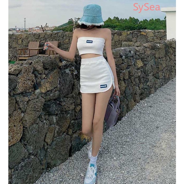 Set áo ống dệt kim và chân váy xẻ tà đơn giản thời trang mùa hè dành cho nữ