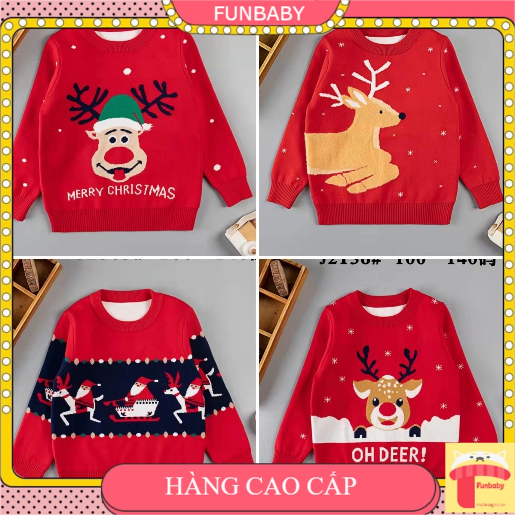 Áo len tuần lộc Noel 2 lớp cho bé trai và bé gái 2-7 tuổi, Áo len đỏ trẻ em đanh sợi không bai xù