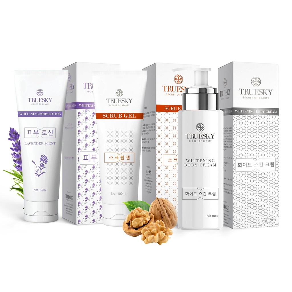 Bộ sản phẩm tắm trắng Truesky VIP14 gồm kem ủ trắng toàn thân 100ml & kem dưỡng trắng lavender 100ml & tẩy tế bào 100ml