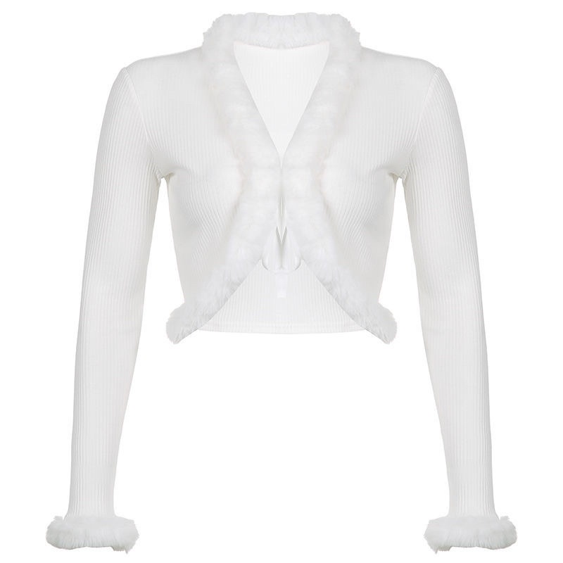 Áo khoác croptop vải thun gân viền lông hàng taobao