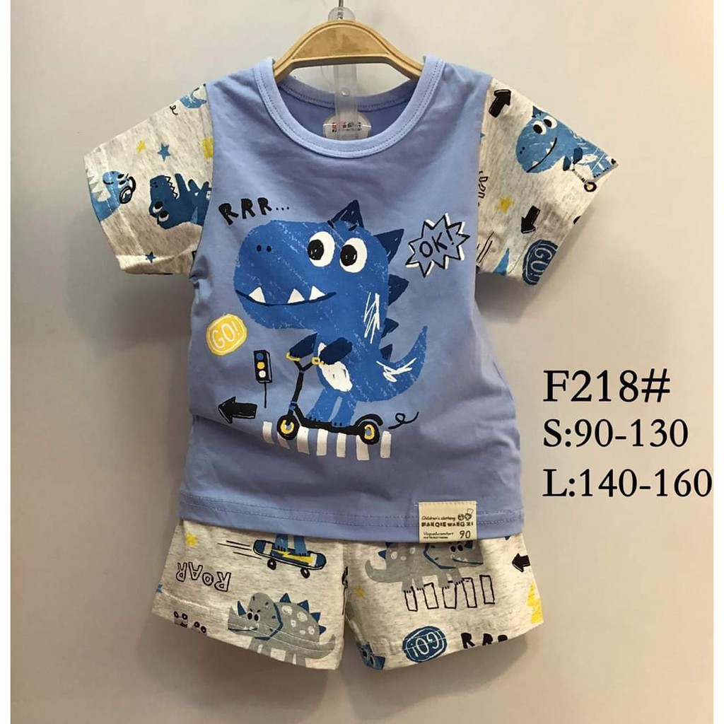[ xả kho ] Bộ cotton cộc tay cho bé trai, bé gái- in hình khủng long xanh dương F218