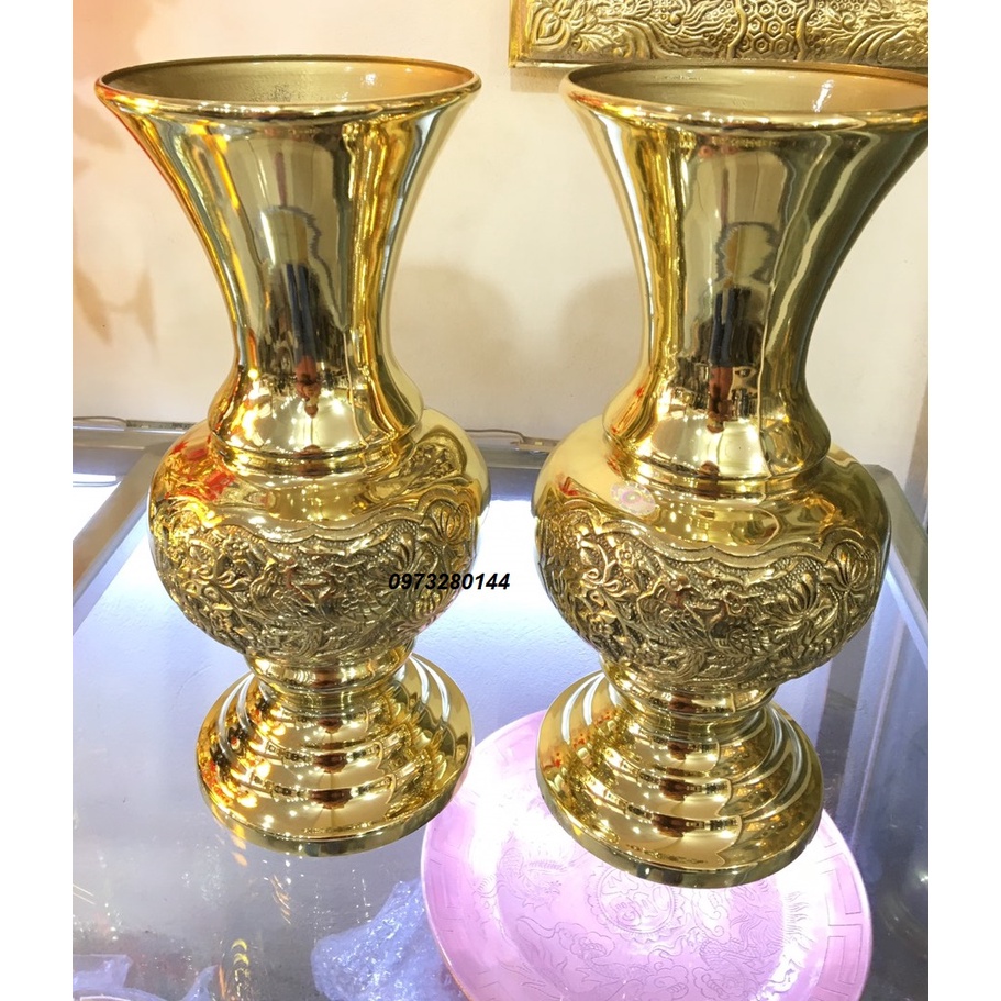 Combo 2 Lọ hoa Bông Cúc bằng đồng cao 30cm màu vàng sáng bóng