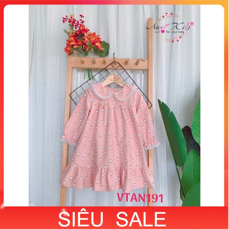 Váy mùa đông bé gái 1-12 tuổi hình thỏ, Đầm dài tay cho bé vải thô cào bông cổ sen nẹp ren dày dặn mềm mại
