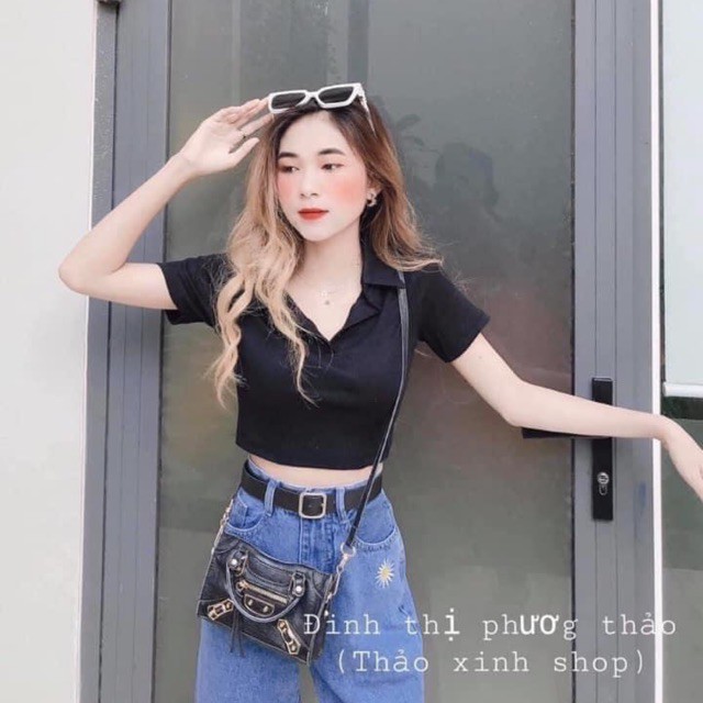 Áo thun croptop cổ bẻ trơn - 710