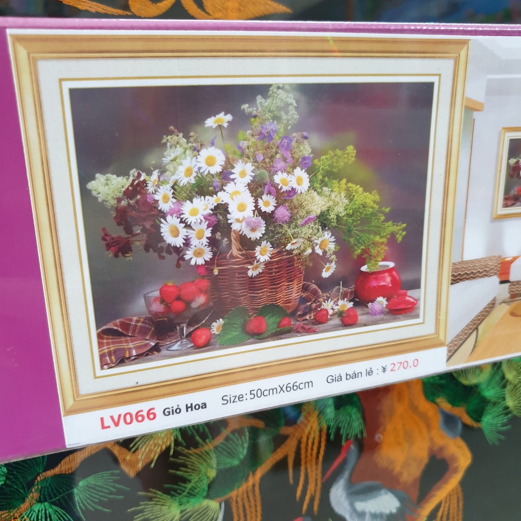 Tranh Đính Đá GIỎ HOA VÀ TRÁI CÂY (ĐÁ ABC CAO CẤP). Kích Thước: 66cm x 50cm