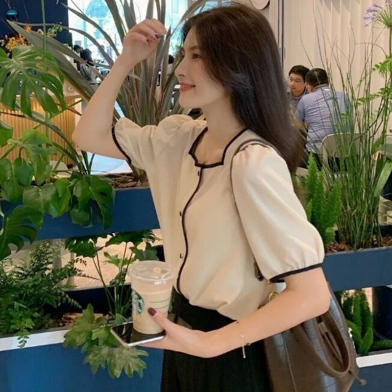 Áo Sơ Mi Nữ YANGME Cổ Vuông Kiểu Cổ Tàu Ngắn Tay Thời Trang Teen Hàn Quốc