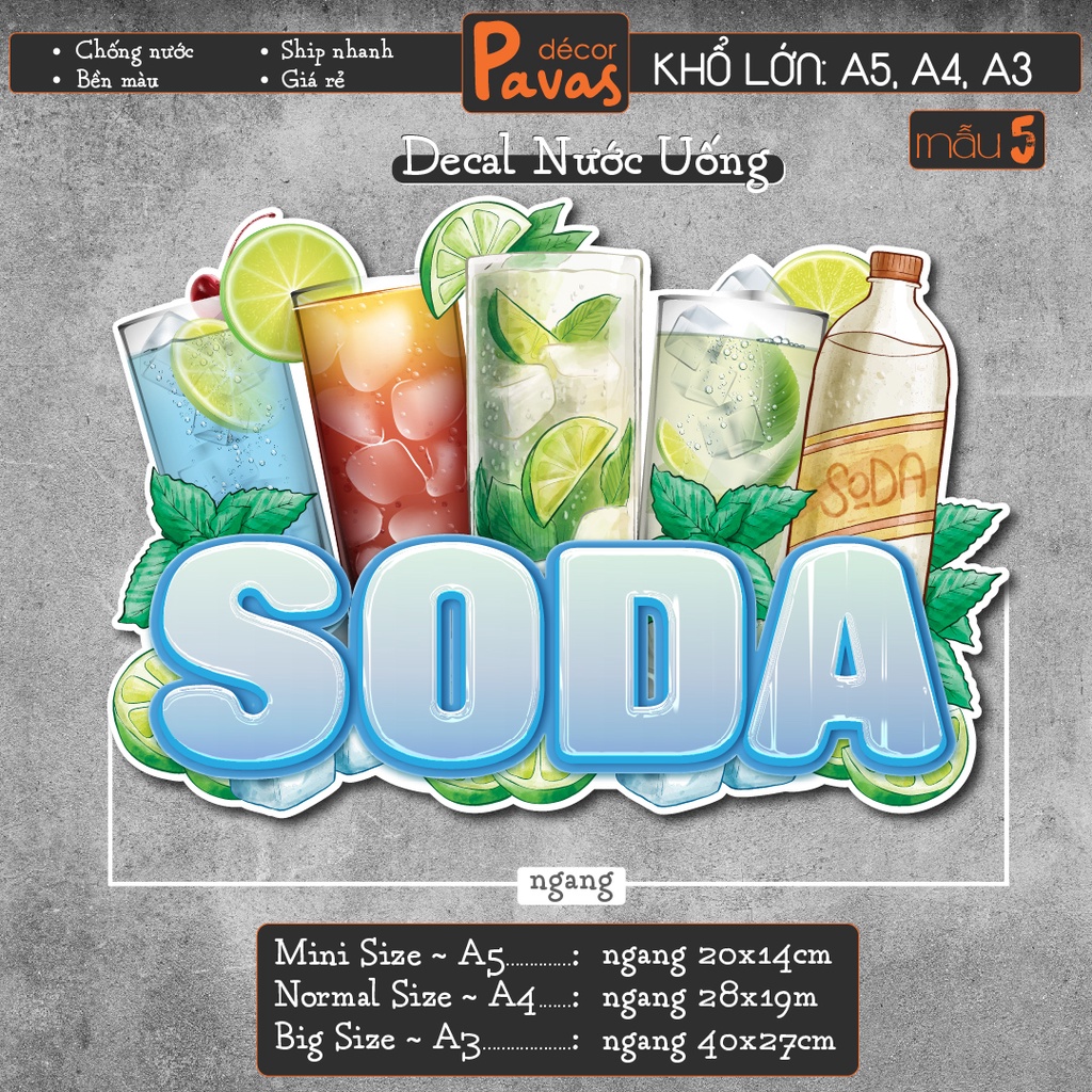 Decal Milo Dằm, Sinh Tố, Soda, Oreo Đá Xay chống nước trang trí dán quán trà sữa, cà phê, quán ăn, dán tường, tủ. TTQ03