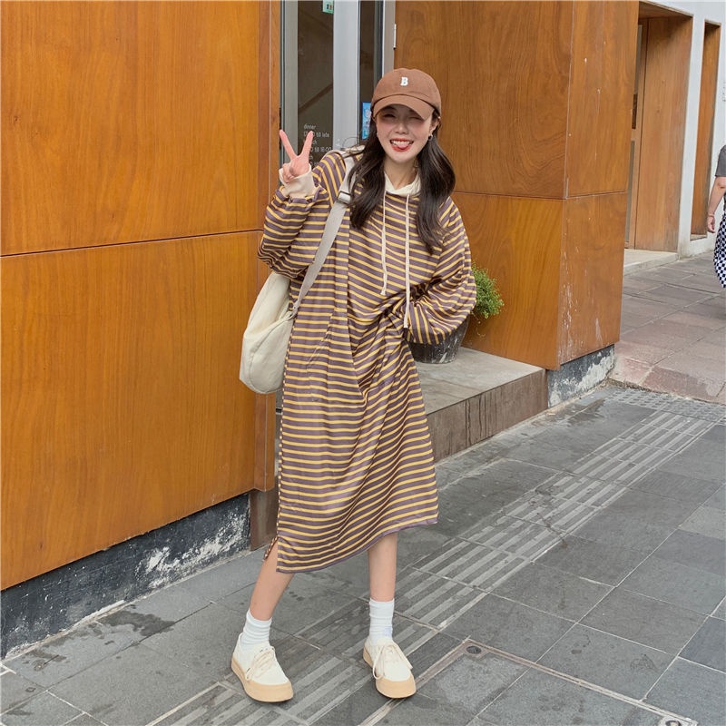 Đầm Hoodie Dài Qua Gối Họa Tiết Kẻ Sọc Phong Cách Trẻ Trung Dành Cho Nữ