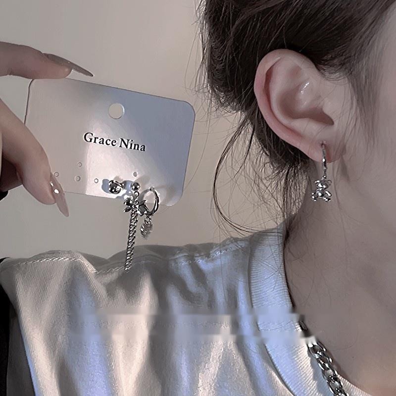 Bông Tai Hình Gấu Phối Dây Xích Phong Cách Harajuku Cá Tính