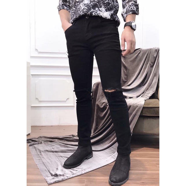 Quần Jeans Nam Đen Chất Co Giãn Dáng Ôm Vải Mịn Ít Phai Màu