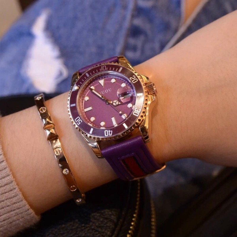 Đồng hồ nữ đeo tay dây da Guou viền mạ vàng chính hãng chống nước tuyệt đối 8077 | BigBuy360 - bigbuy360.vn