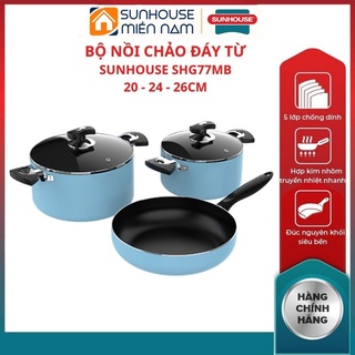 Bộ nồi nhôm chảo chống dính đáy từ SHG77MB SUNHOUSE dùng được cho mọi loại bếp 2 nồi 1 chảo tiện dụng