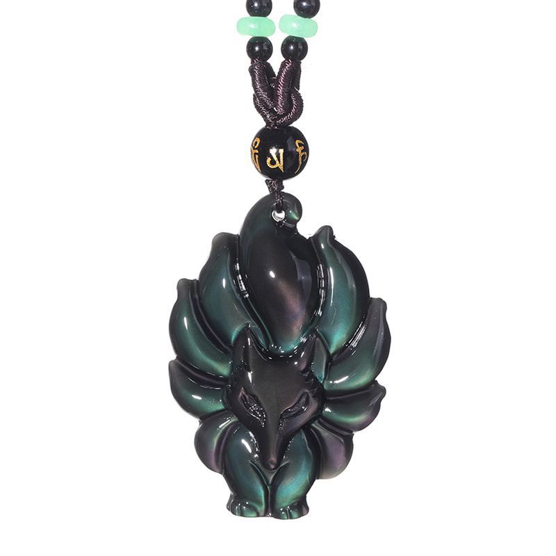 Mặt Dây Chuyền Gắn Điện Thoại Di Động Hình Cáo Bằng Đá Obsidian Màu Cầu Vồng Tự Nhiên