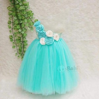 Freeship 99k TQ_Đầm tutu xanh Ngọc phối hoa cuốn ribon
