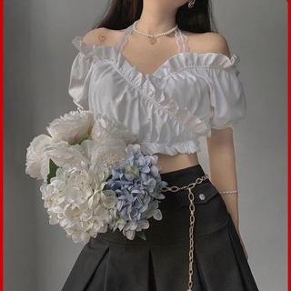 Áo croptop voan trễ vai tay phồng đắp chéo phối ren cổ bánh bèo a501899 mẫu mới