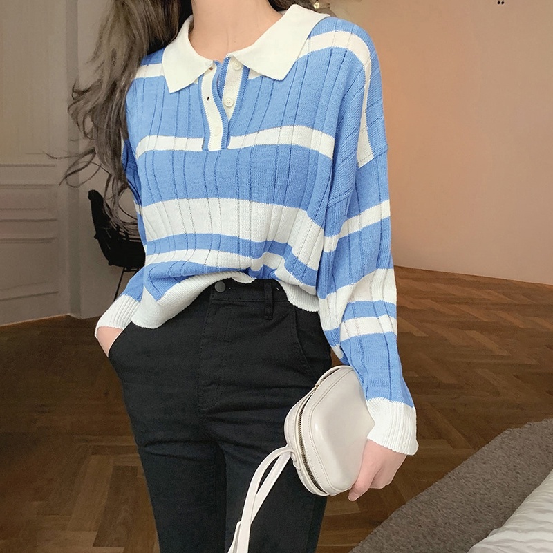 Áo Sweater Dệt Kim Tay Dài Kẻ Sọc Kiểu Retro Cá Tính Cho Nữ