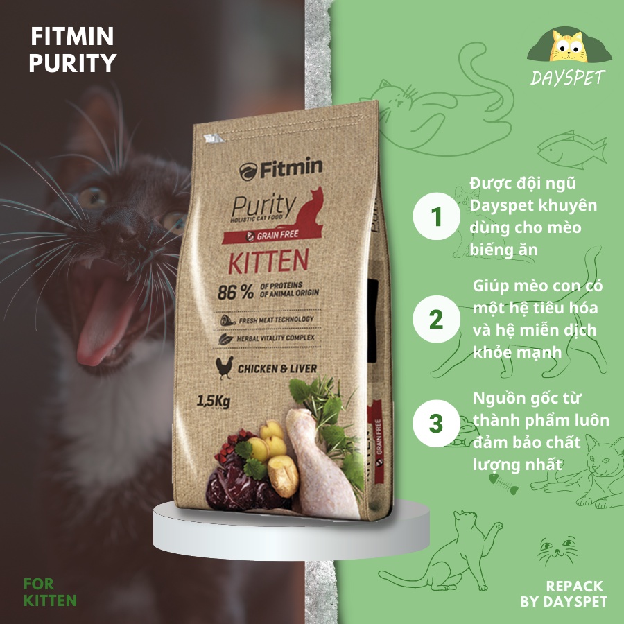 Thức ăn hạt FITMIN CAT PURITY KITTEN hạt nhỏ dễ tiêu hóa, chống tiêu chảy cho mèo con và mèo mẹ Dayspet FCPK