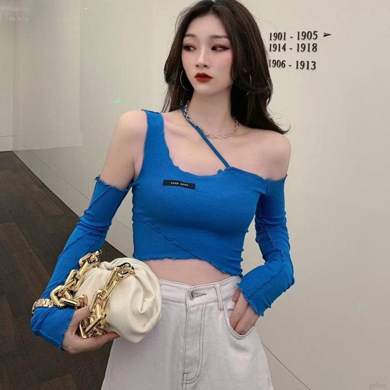 Áo thun dài tay trễ vai màu trơn phong cách Hàn Quốc retro