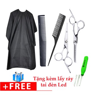 Combo Dụng cụ cắt tóc tại nhà (2 kéo + 2 lược + Áo choàng + Ráy tai đèn Led)