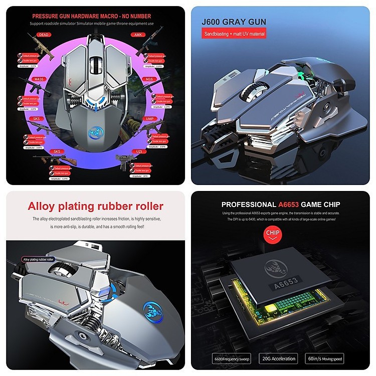 Chuột cơ gaming led RGB 6400DPI - J600 Black mechanical Gaming mouse