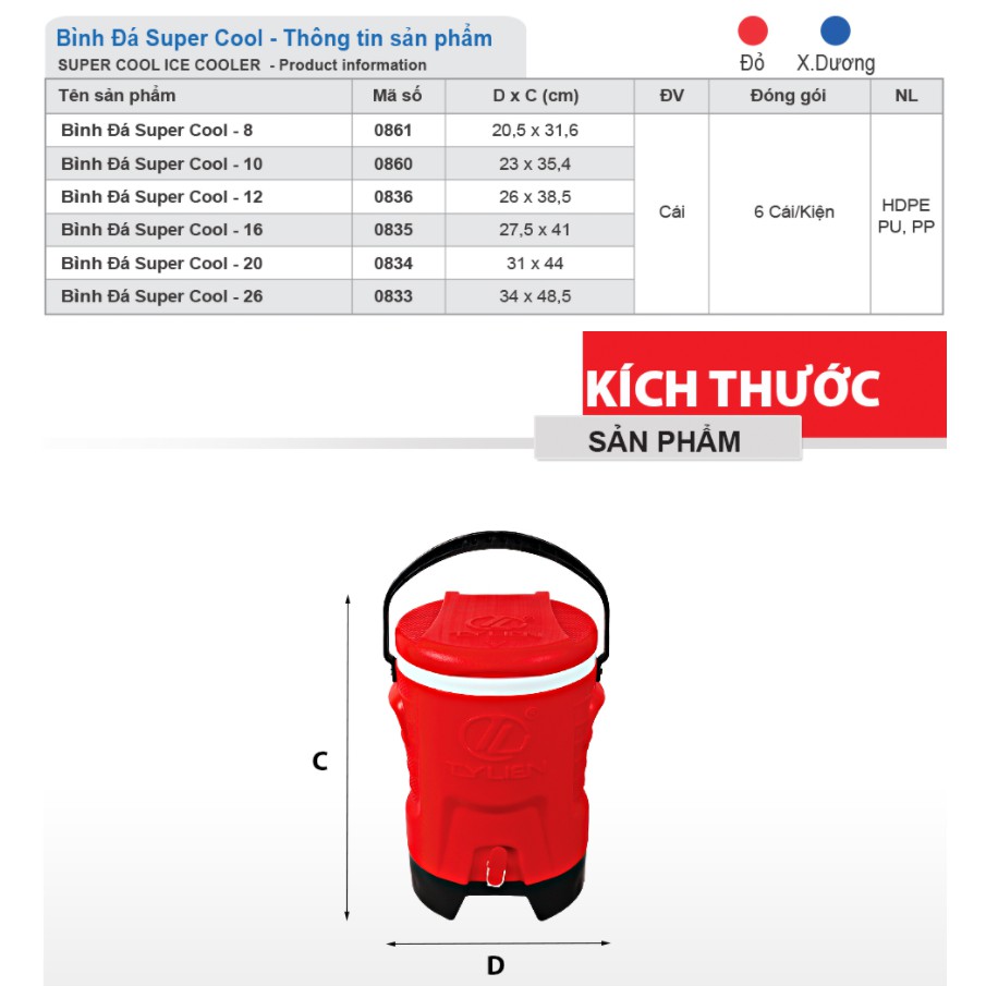 Thùng đá tròn có vòi, quai xách, dung tích 8l, giữ lạnh 3 ngày super cool, nhựa chính phẩm an toàn, thương hiệu Tý Liên