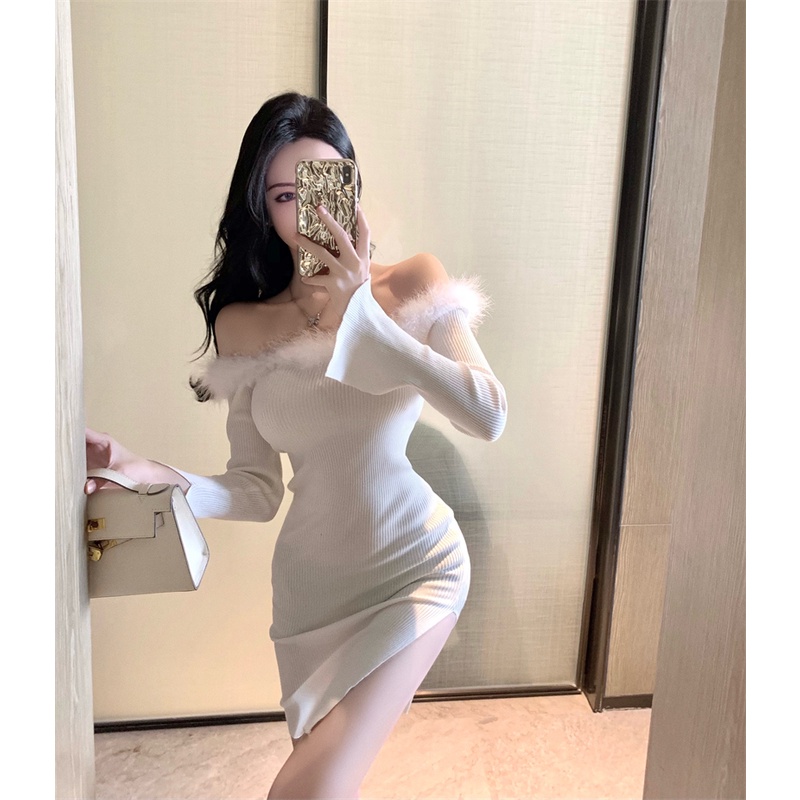 Đầm Dệt Kim Dáng Ôm Phối Lông Thời Trang Quyến Rũ Cho Nữ