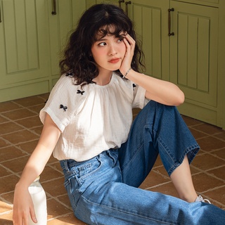 Bleubird áo lụa tay đính nơ piper top