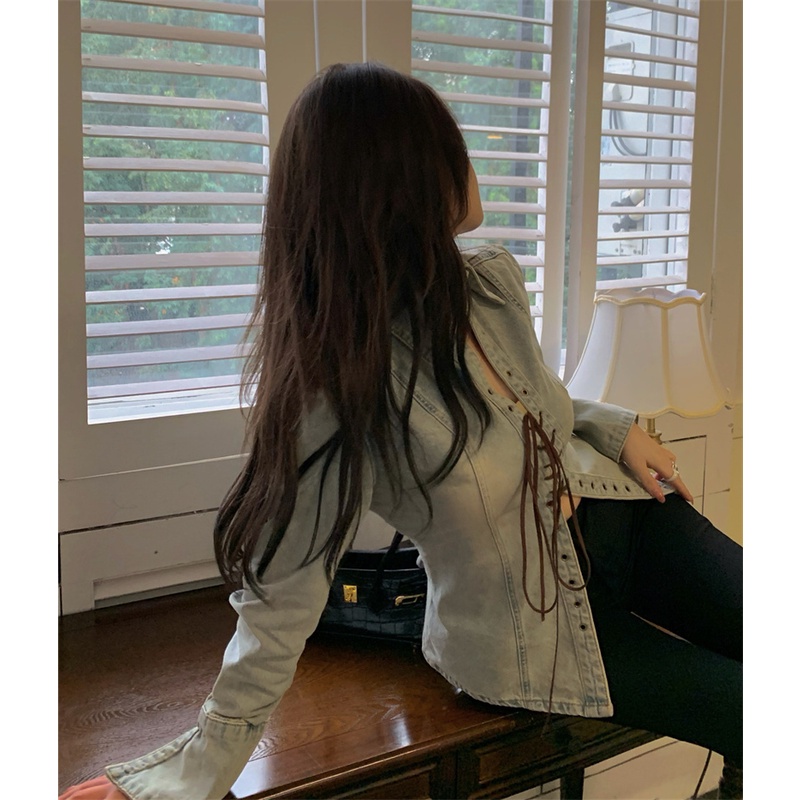Áo Sơ Mi Denim Tay Dài Thắt Dây Chéo Phong Cách Cổ Điển Thời Trang Cho Nữ