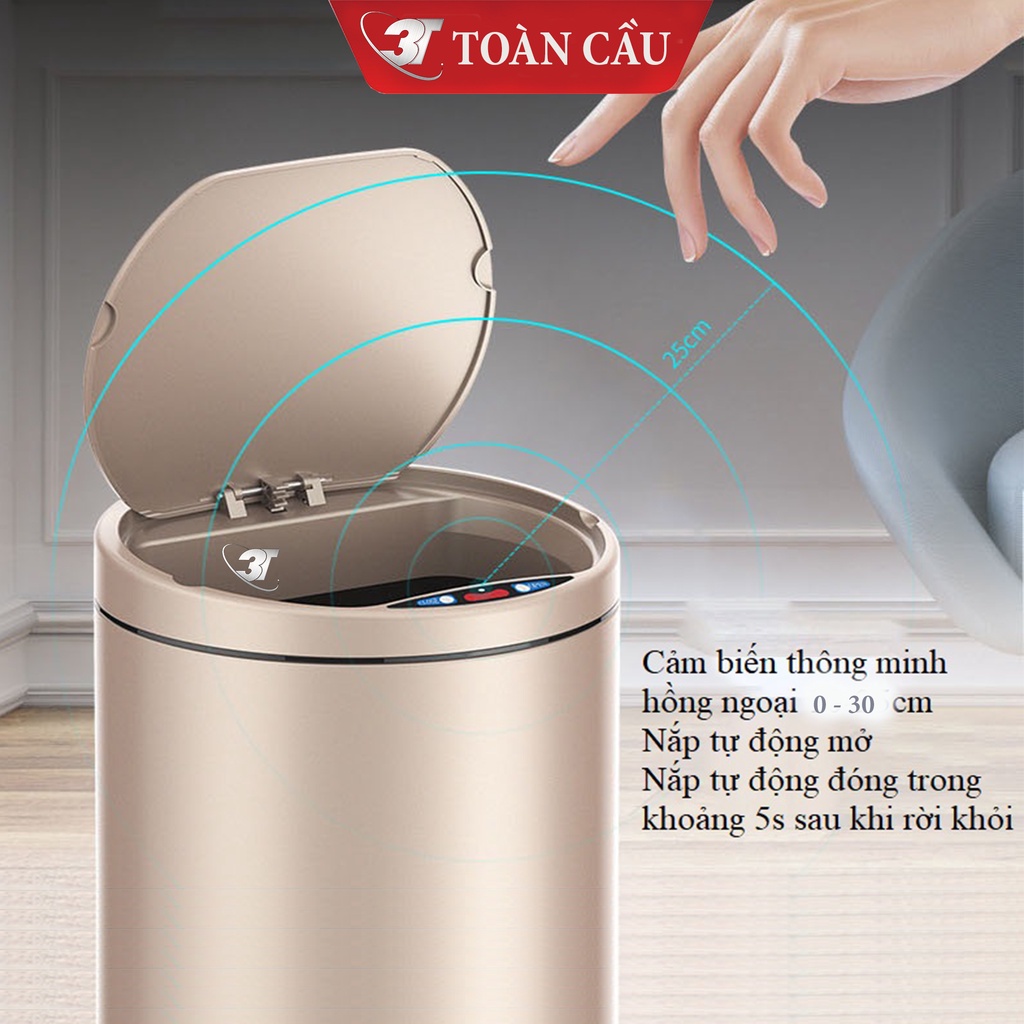 Thùng Rác Cảm Ứng Thông Minh 3T, Vật Liệu Inox, Dung Tích 12L Với 3 Chế Độ Đóng Mở, Sử Dụng Sạc Điện