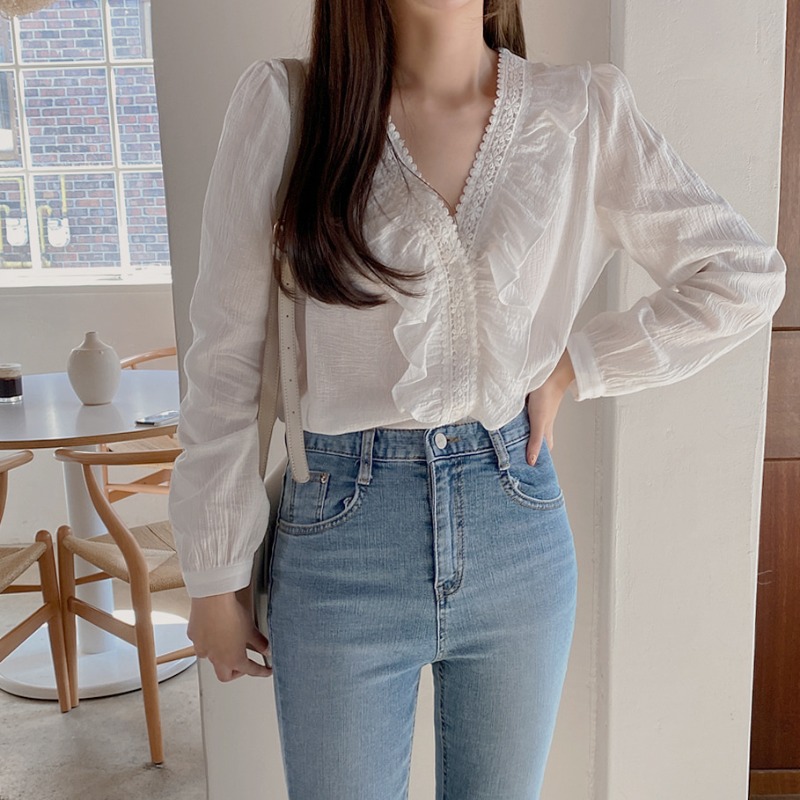 Áo cổ chữ V phối ren phong cách Hàn Quốc thanh lịch trẻ trung cho nữ