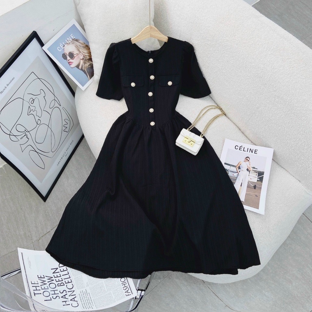 Đầm midi đen túi nắp thanh lich,cổ điển