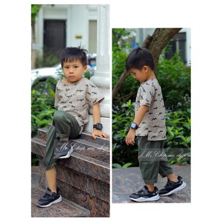 Set bộ bé trai: áo đũi hình cá mập mix quần kaki mềm