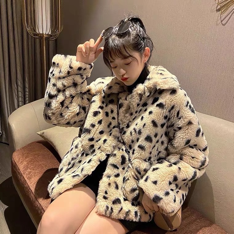 Ảnh thật 6 hình cuối-HC469.Áo khoác lông dáng ngắn họa tiết da báo