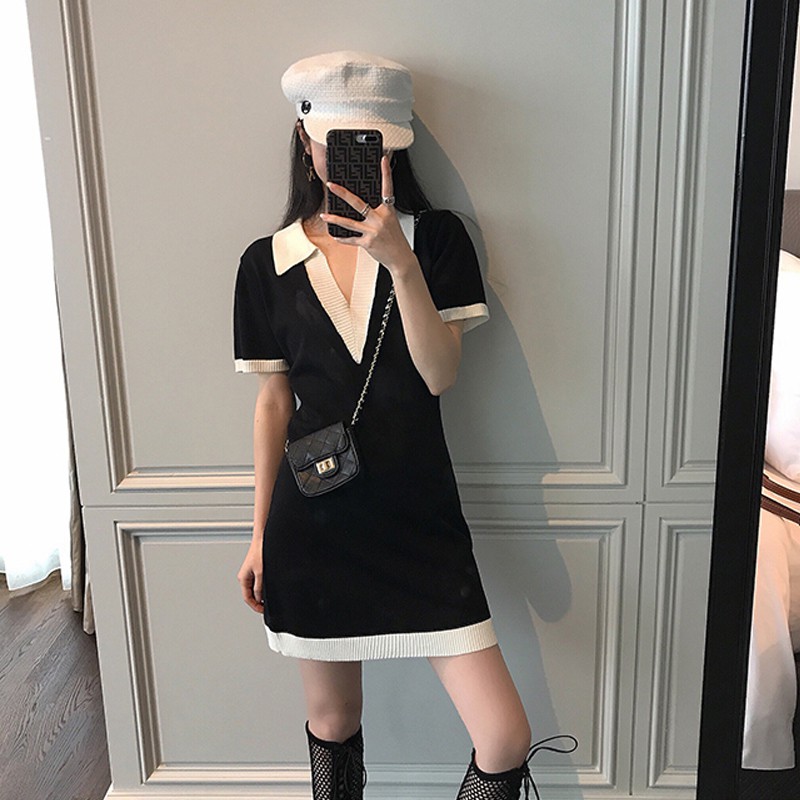 Đầm Dệt Kim Tay Ngắn Cổ Chữ V Phong Cách Vintage | BigBuy360 - bigbuy360.vn
