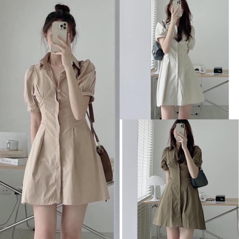 [Ảnh thật/Video]Váy kaki hai da nẹp khuy chiết eo tay bồng KIỂU MỚI thiết kế xếp li tôn dáng Đầm dáng ngắn Hàn Quốc