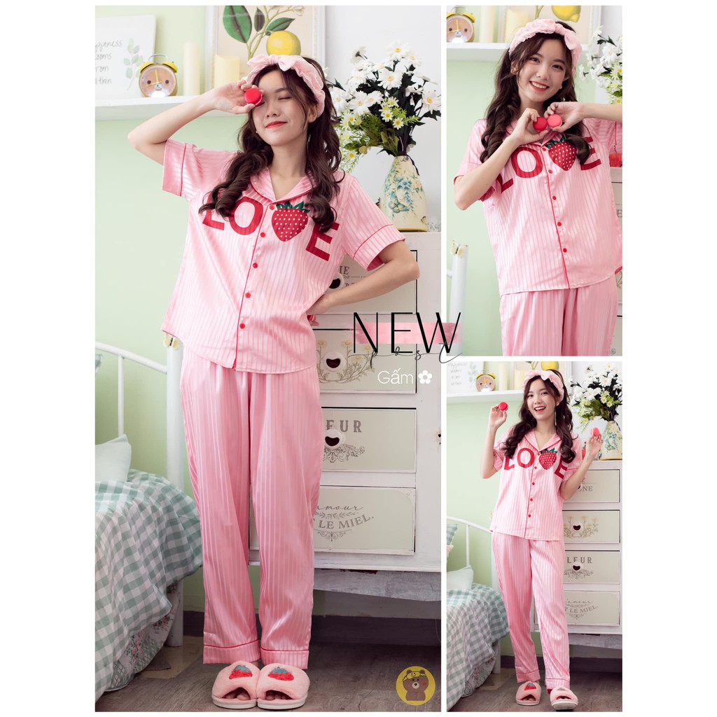 [ Gấm Loại 1] Bộ Đồ Ngủ Nữ Gấm Thời Trang Love-Dâu,Hàng May  Kĩ Mềm Mại-Mát Tay-Không Nhăn | BigBuy360 - bigbuy360.vn