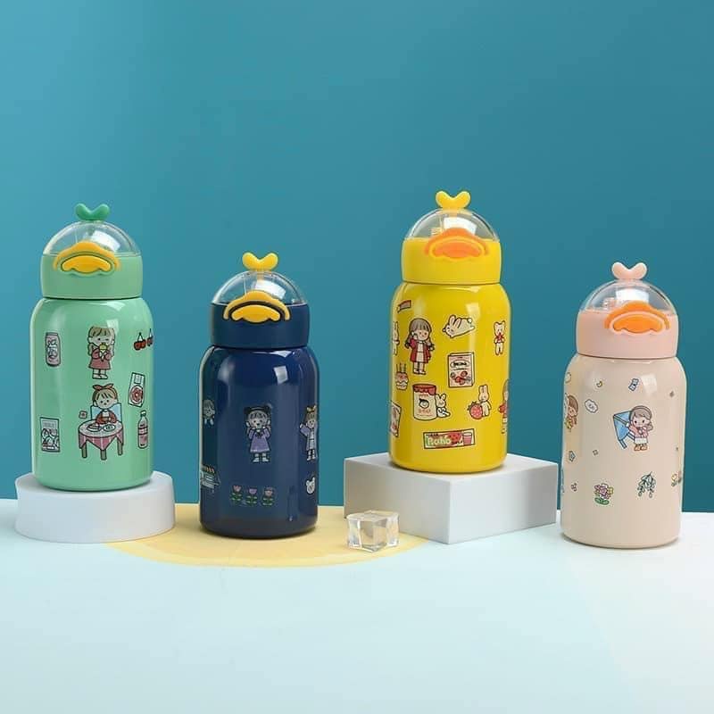 Bình Nước Giữ Nhiệt 2 Lớp 420ml - Lõi Inox - Mẫu Hình Vịt Dễ Thương Cute - Chất Liệu An Toàn