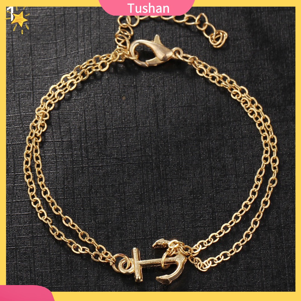 Lắc chân hai lớp trang trí mỏ neo phong cách bohemian thanh lịch dành cho nữ