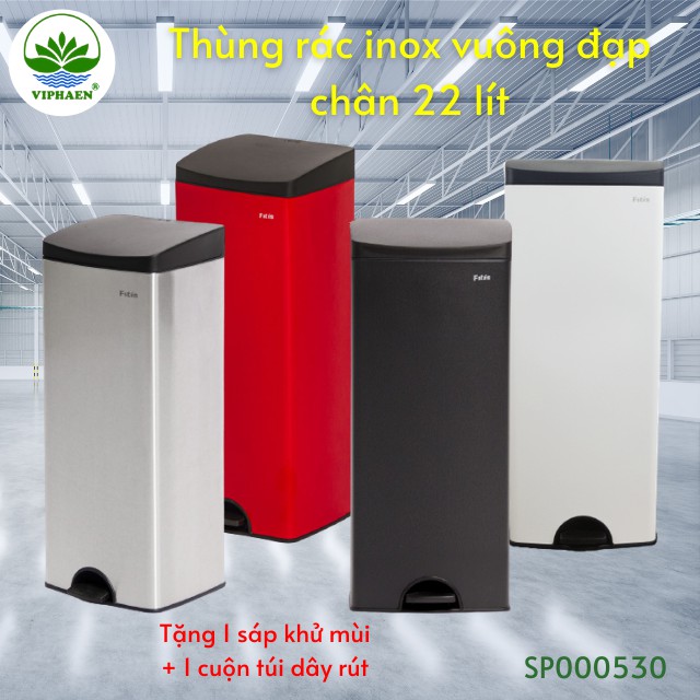 [Cao cấp] Thùng rác inox hình trụ vuông, nắp bật, đạp chân Fitis 22 lít