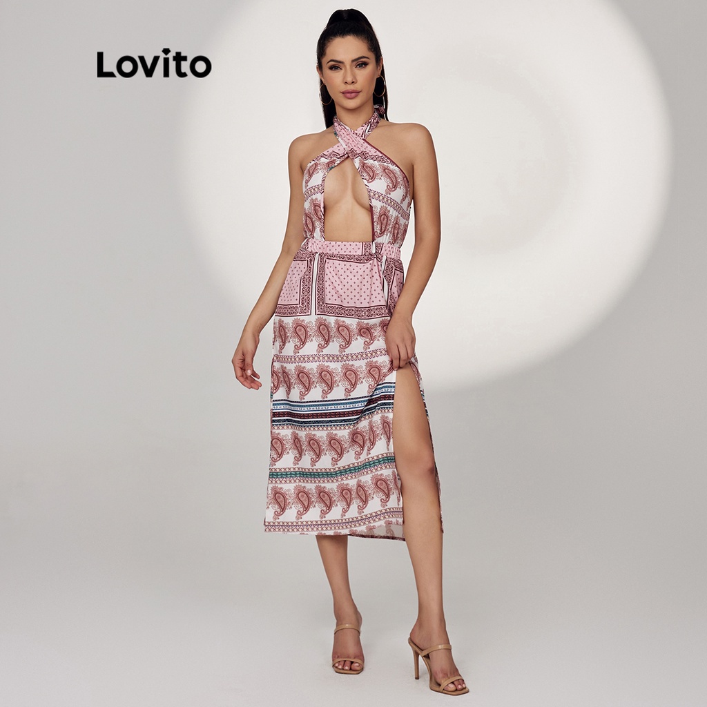Đầm Lovito khoét lỗ sau lưng thắt dây cổ yếm họa tiết hoa lá cách điệu phong cách boho L17D146