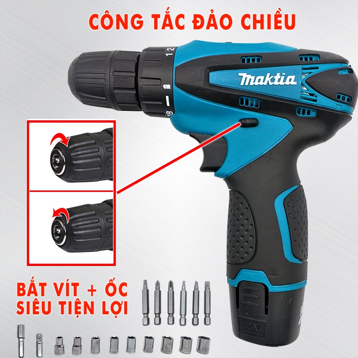 Máy khoan bắn vít pin MKT 12V 2 cấp độ, 100% lõi đồng - Máy khoan bắt vít dùng pin tặng bộ phụ kiện