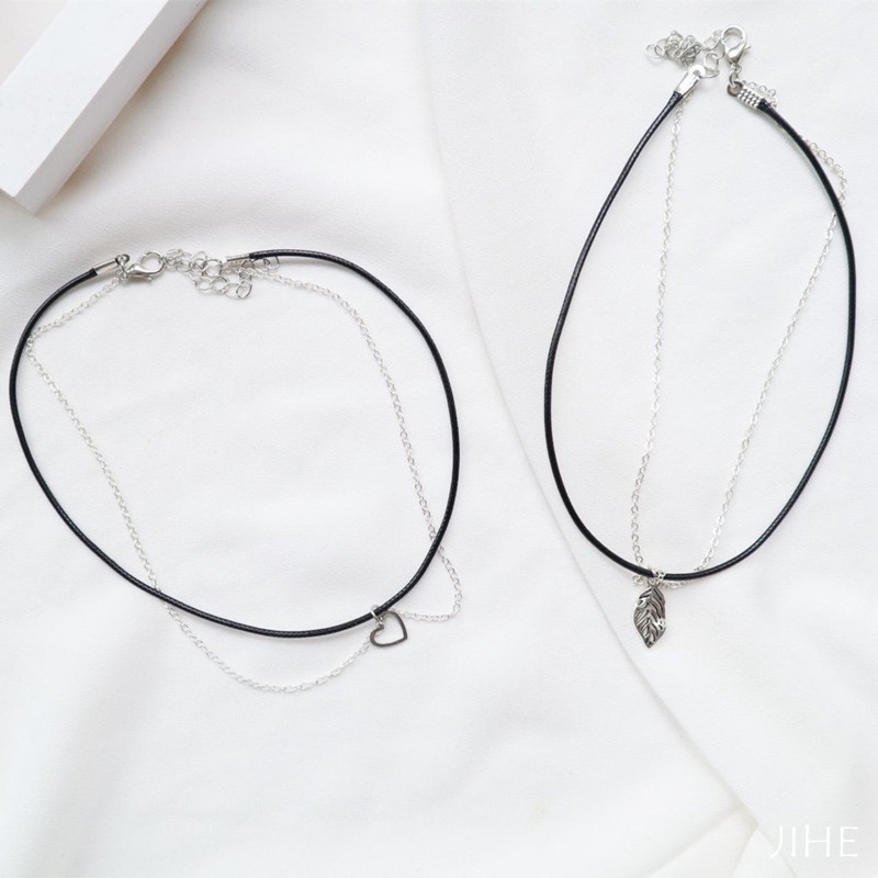 Vòng Cổ Choker Hai Lớp Mặt Hình Trái Tim/Lá Màu Đen Đơn Giản Thời Trang