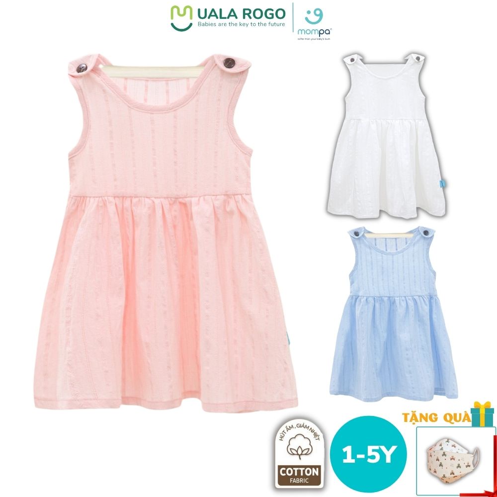 Váy bé gái cộc tay Mompa 1-5 tuổi cotton thoáng mát cúc vai mặc nhà đi học mùa hè 616