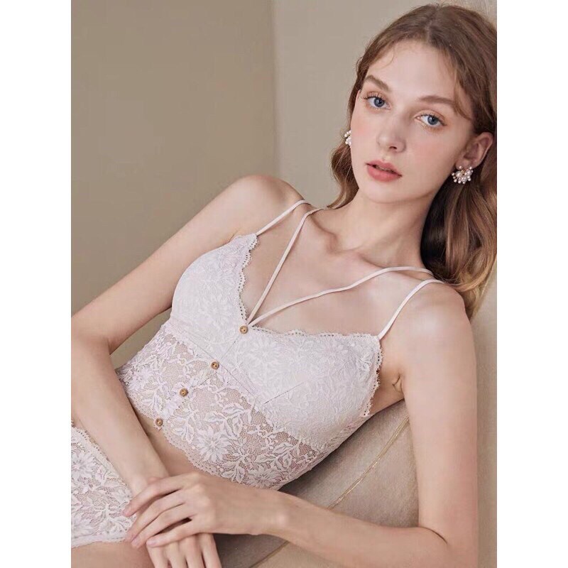 Áo lót nữ , áo bralette ren mỏng đính cúc cổ dây V sexy có đệm ngực